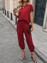 Women Solid Color Short Sleeve & Drawstring Jogger Pants 2-Piece Set